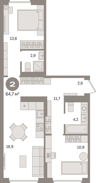 2-BD Apartment Sale, 64.7平方米 at Pervy kvartal, Kalinovaya ulitsa, derevnya Sapronovo, Leninskiy City District, Moscow Region, Russia #1