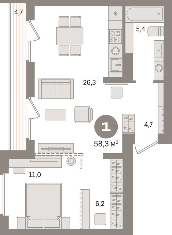 1-BD Apartment Sale, 58.3 sq. m. at Pervy kvartal, Kalinovaya ulitsa, derevnya Sapronovo, Leninskiy City District, Moscow Region, Russia #1
