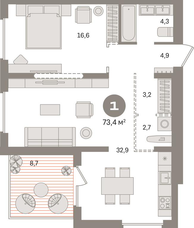 1-BD Apartment Sale, 73.4平方米 at Pervy kvartal, Kalinovaya ulitsa, derevnya Sapronovo, Leninskiy City District, Moscow Region, Russia #1