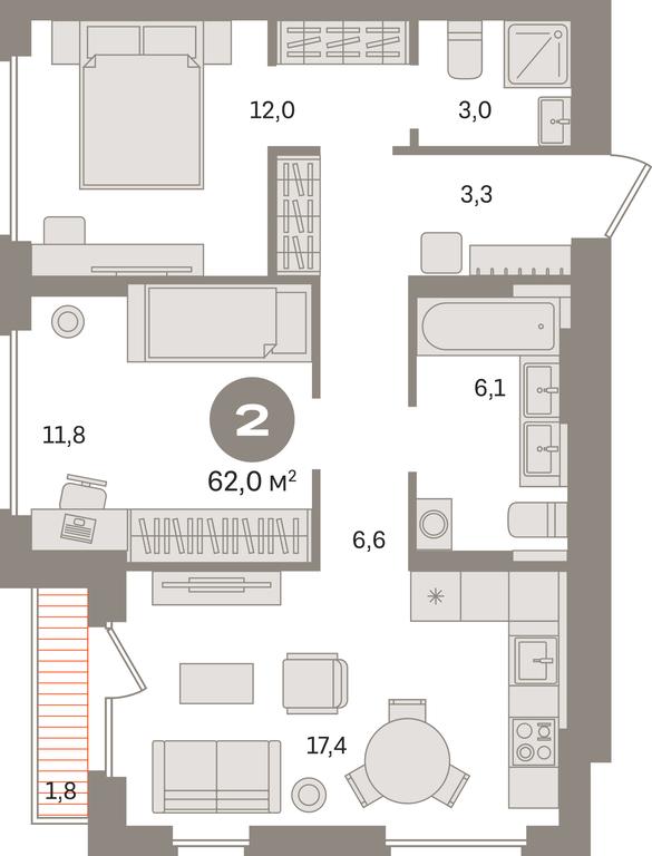 2-BD Apartment Sale, 62 sq. m. at Pervy kvartal, Kalinovaya ulitsa, derevnya Sapronovo, Leninskiy City District, Moscow Region, Russia #1