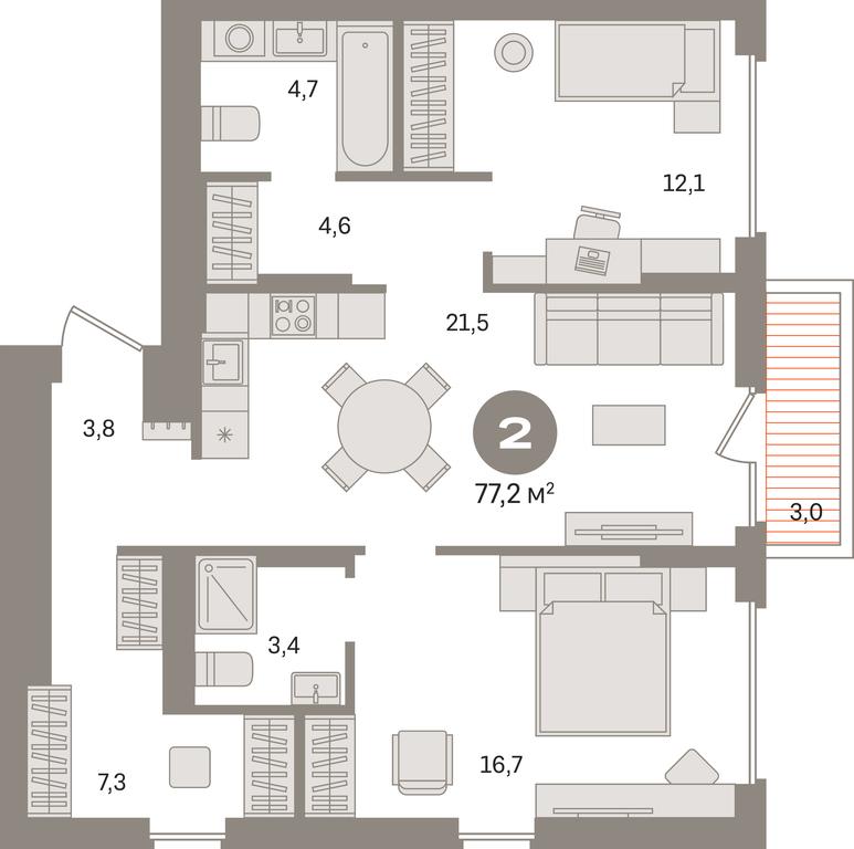 2-BD Apartment Sale, 77.2 sq. m. at Pervy kvartal, Kalinovaya ulitsa, derevnya Sapronovo, Leninskiy City District, Moscow Region, Russia #1