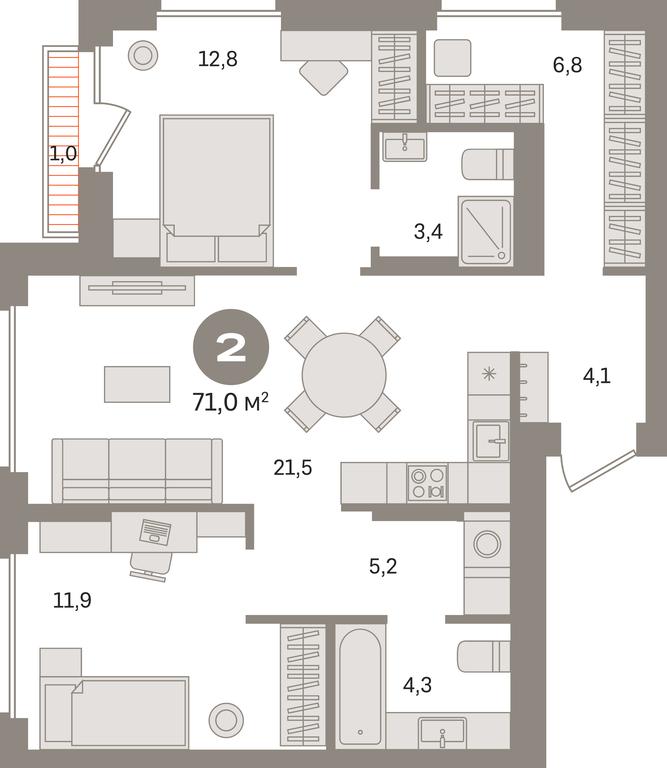 2-BD Apartment Sale, 71 sq. m. at Pervy kvartal, Kalinovaya ulitsa, derevnya Sapronovo, Leninskiy City District, Moscow Region, Russia #1