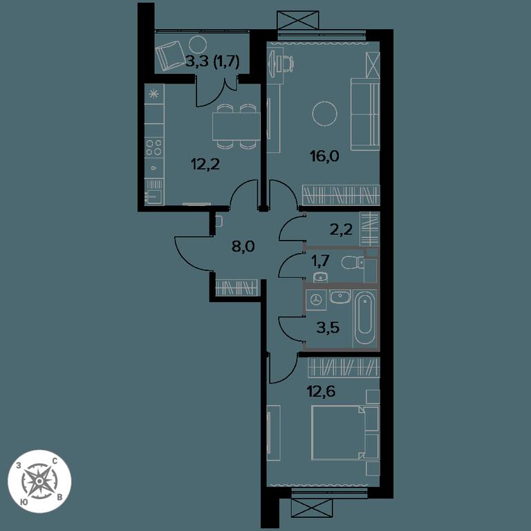 2-BD Apartment Sale, 57.9平方米 at Pervyi Leningradskiy, Pervy Leningradskiy Residential Complex, Moscow, Russia #1