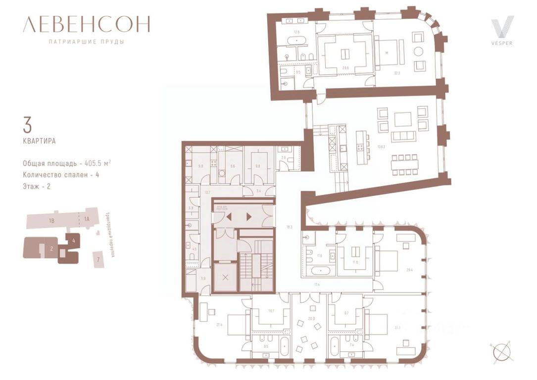 3-BD Apartment Sale, 405.5平方米 at Levenson (Levenson), Tryokhprudny Lane, Moscow, Russia #1 3-BD Apartment Sale, 405.5平方米 at Levenson (Levenson), Tryokhprudny Lane, Moscow, Russia #1