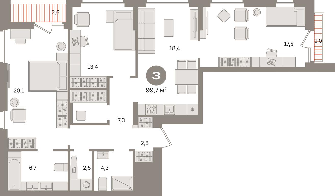 3-BD Apartment Sale, 99.7 sq. m. at Pervy kvartal, Kalinovaya ulitsa, derevnya Sapronovo, Leninskiy City District, Moscow Region, Russia #1