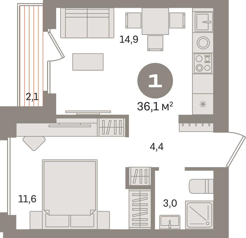 1-BD Apartment Sale, 36.1平方米 at Pervy kvartal, Kalinovaya ulitsa, derevnya Sapronovo, Leninskiy City District, Moscow Region, Russia #1
