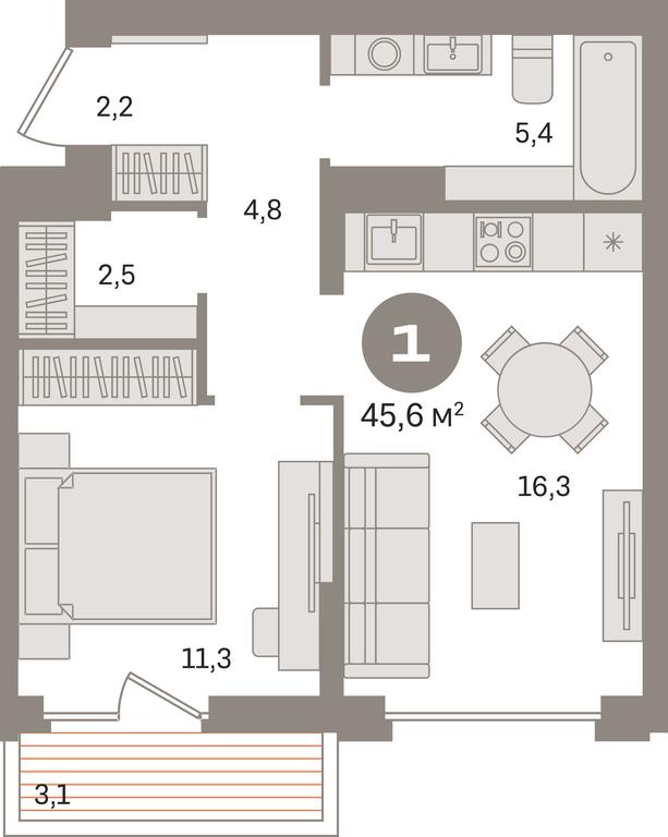 1-BD Apartment Sale, 45.6 sq. m. at Pervy kvartal, Kalinovaya ulitsa, derevnya Sapronovo, Leninskiy City District, Moscow Region, Russia #1