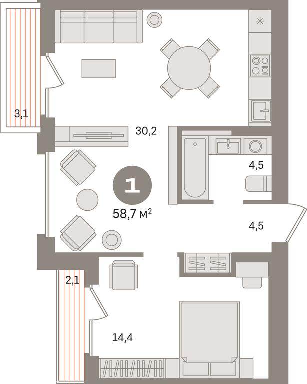1-BD Apartment Sale, 58.7平方米 at Pervy kvartal, Kalinovaya ulitsa, derevnya Sapronovo, Leninskiy City District, Moscow Region, Russia #1
