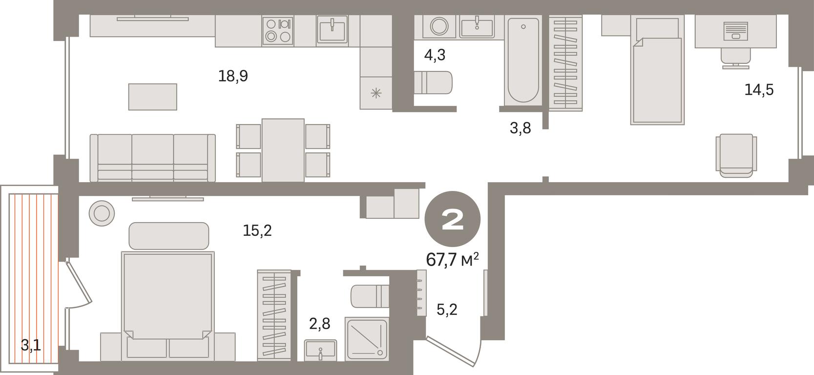 2-BD Apartment Sale, 67.6 sq. m. at Pervy kvartal, Kalinovaya ulitsa, derevnya Sapronovo, Leninskiy City District, Moscow Region, Russia #1