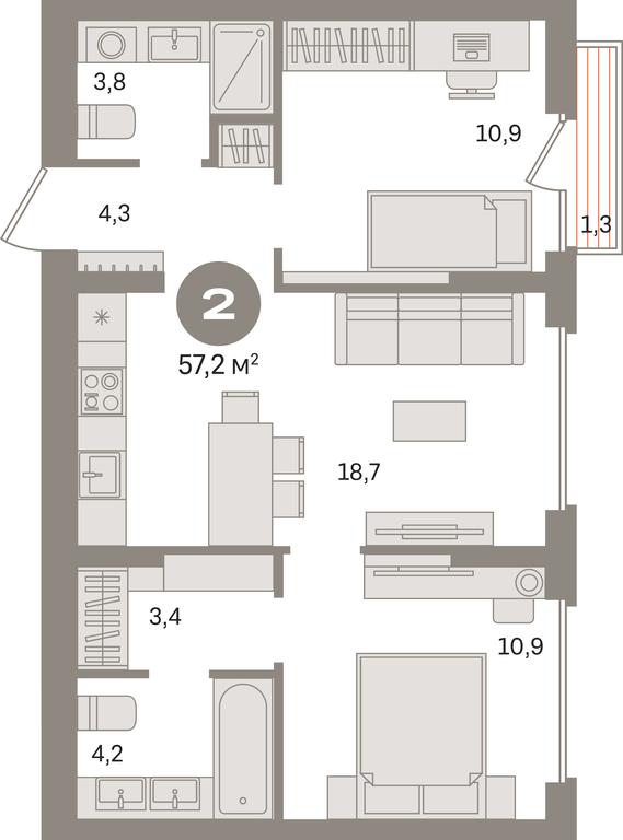 2-BD Apartment Sale, 57.2 sq. m. at Pervy kvartal, Kalinovaya ulitsa, derevnya Sapronovo, Leninskiy City District, Moscow Region, Russia #1