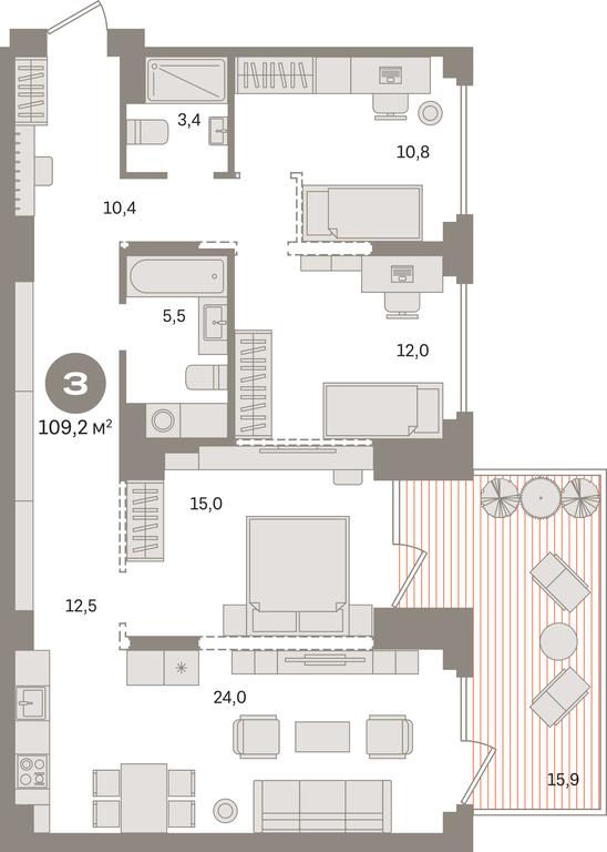 3-BD Apartment Sale, 109.2 sq. m. at Pervy kvartal, Kalinovaya ulitsa, derevnya Sapronovo, Leninskiy City District, Moscow Region, Russia #1