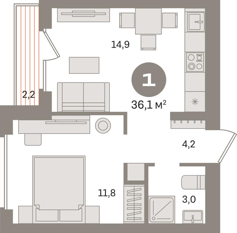1-BD Apartment Sale, 36.1 sq. m. at Pervy kvartal, Kalinovaya ulitsa, derevnya Sapronovo, Leninskiy City District, Moscow Region, Russia #1