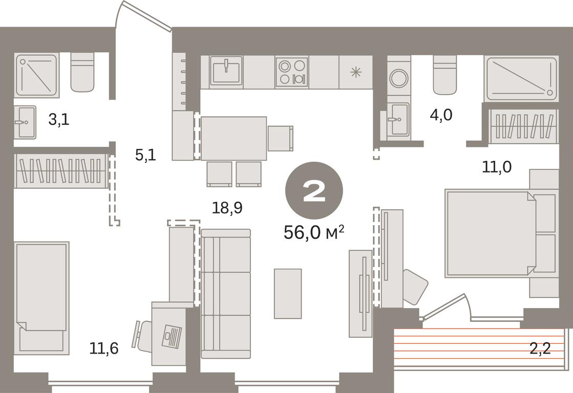2-BD Apartment Sale, 56平方米 at Pervy kvartal, Kalinovaya ulitsa, derevnya Sapronovo, Leninskiy City District, Moscow Region, Russia #1