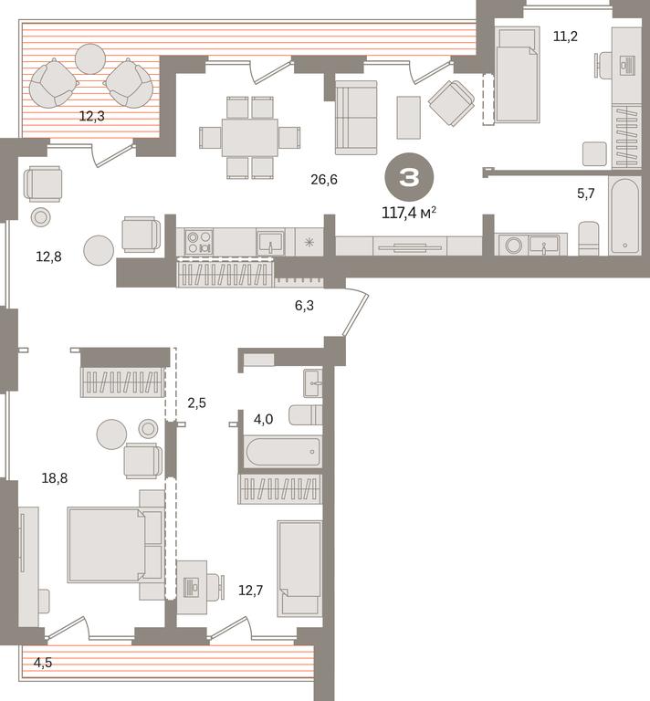 3-BD Apartment Sale, 117.4 sq. m. at Pervy kvartal, Kalinovaya ulitsa, derevnya Sapronovo, Leninskiy City District, Moscow Region, Russia #1