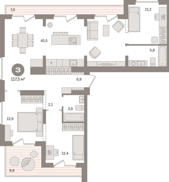 3-BD Apartment Sale, 117.5 sq. m. at Pervy kvartal, Kalinovaya ulitsa, derevnya Sapronovo, Leninskiy City District, Moscow Region, Russia #1