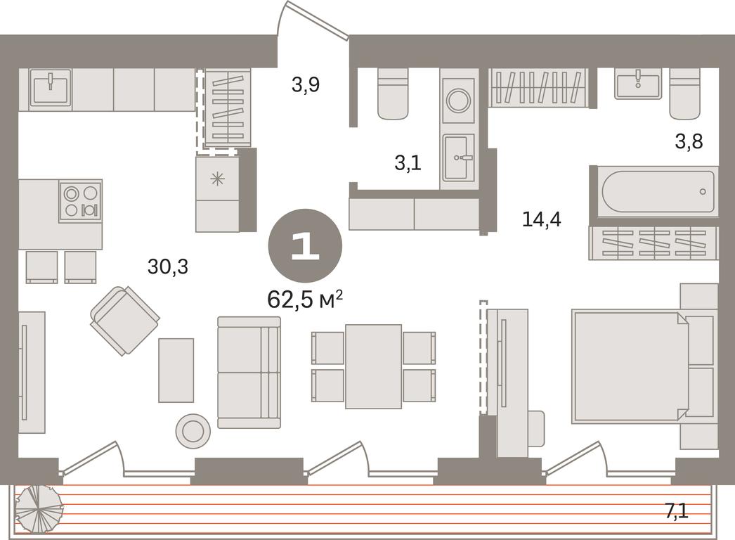 1-BD Apartment Sale, 62.5 sq. m. at Pervy kvartal, Kalinovaya ulitsa, derevnya Sapronovo, Leninskiy City District, Moscow Region, Russia #1