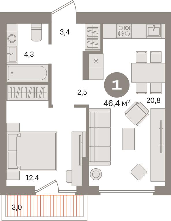 1-BD Apartment Sale, 46.4 sq. m. at Pervy kvartal, Kalinovaya ulitsa, derevnya Sapronovo, Leninskiy City District, Moscow Region, Russia #1