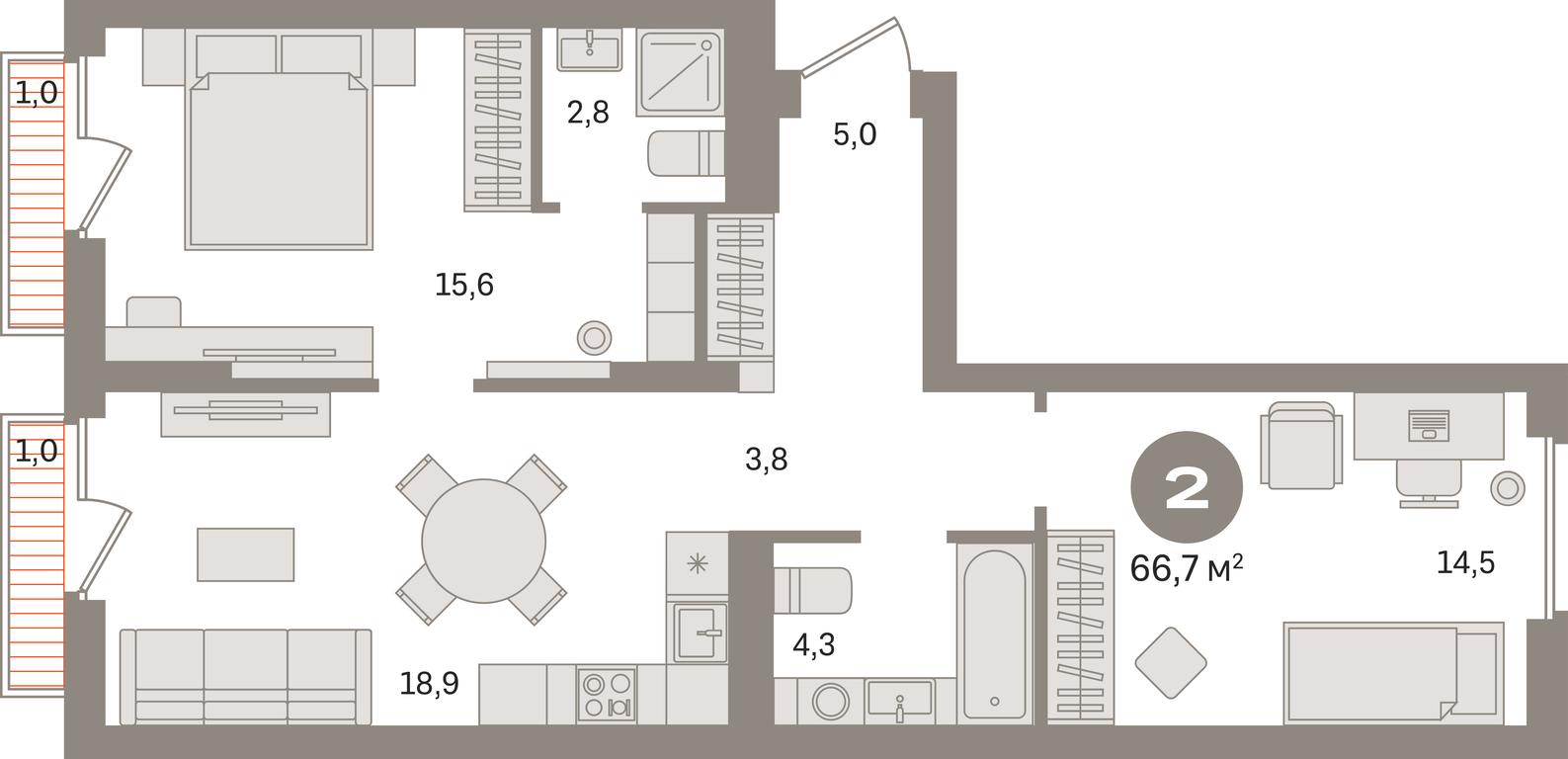 2-BD Apartment Sale, 66.7平方米 at Pervy kvartal, Kalinovaya ulitsa, derevnya Sapronovo, Leninskiy City District, Moscow Region, Russia #1