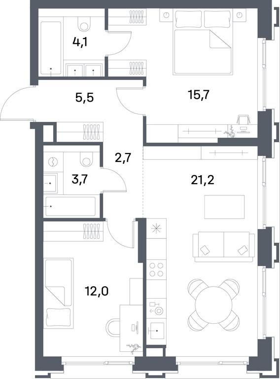 2-BD Apartment Sale, 64.9平方米 at Portland, Yuzhnoportovaya Street, 42с5, Moscow, Russia #1