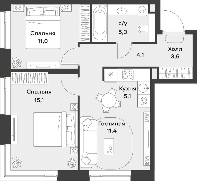 1-BD Apartment Sale, 55.6平方米 at Alia, Lyotnaya Street, 95Бк2, Moscow, Russia #1