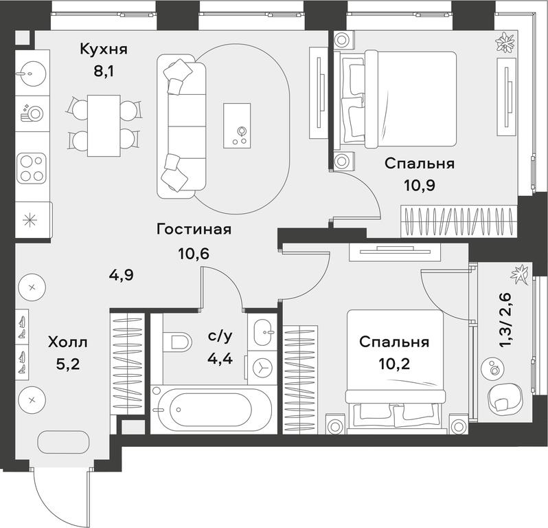 1-BD Apartment Sale, 55.6平方米 at Alia, Lyotnaya Street, 95Бк2, Moscow, Russia #1
