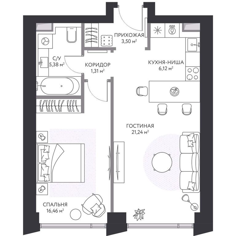 1-BD Apartment Sale, 54.7 sq. m. at Hide, 1st Setunsky Drive, вл6, Moscow, Russia #1
