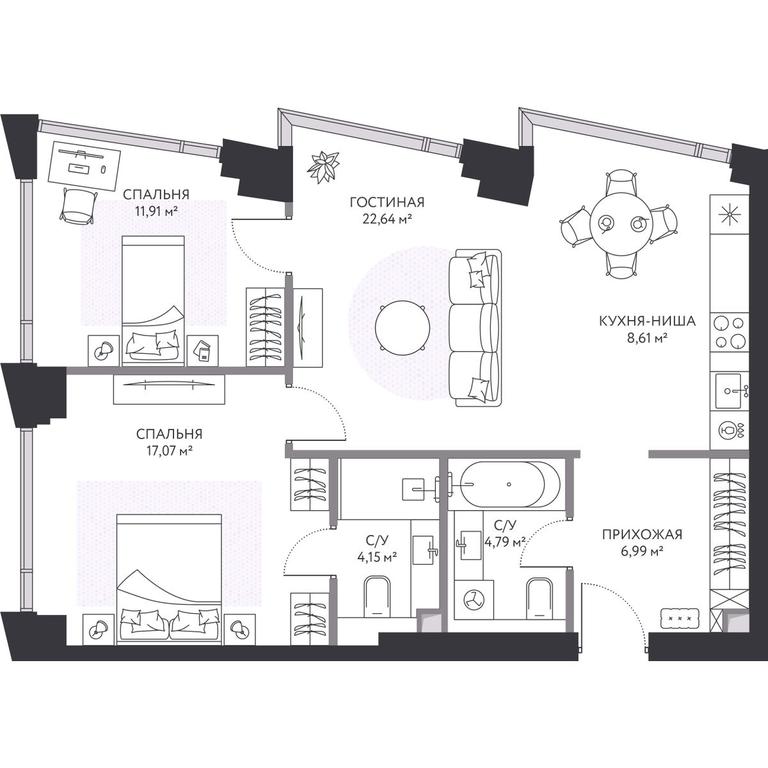 2-BD Apartment Sale, 77.1 sq. m. at Hide, 1st Setunsky Drive, вл6, Moscow, Russia #1