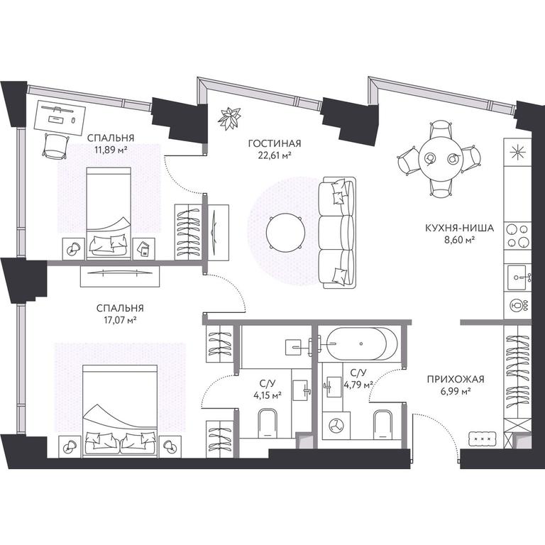 2-BD Apartment Sale, 77.2平方米 at Hide, 1st Setunsky Drive, вл6, Moscow, Russia #2 2-BD Apartment Sale, 77.2平方米 at Hide, 1st Setunsky Drive, вл6, Moscow, Russia #2