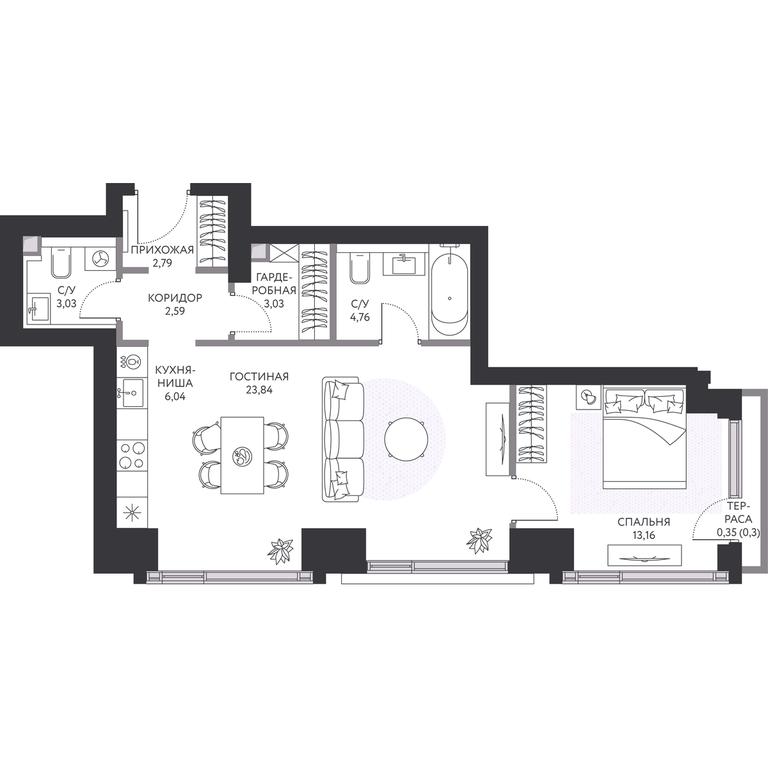 1-BD Apartment Sale, 60.1平方米 at Hide, 1st Setunsky Drive, вл6, Moscow, Russia #1