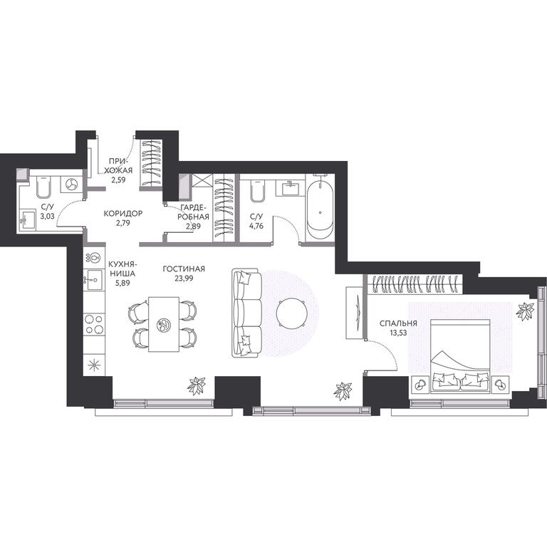 1-BD Apartment Sale, 60.1 sq. m. at Hide, 1st Setunsky Drive, вл6, Moscow, Russia #1