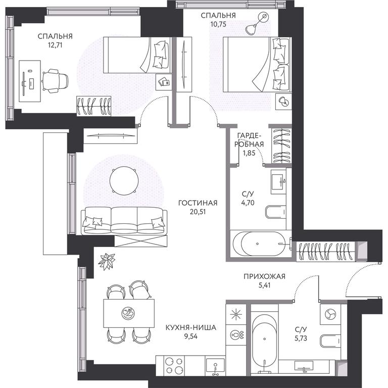2-BD Apartment Sale, 71.8 sq. m. at Hide, 1st Setunsky Drive, вл6, Moscow, Russia #1
