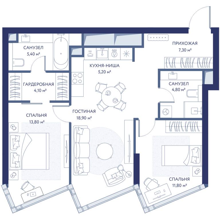 2-BD Apartment Sale, 71.5平方米 at HideOut, 3rd Setunsky Drive, Moscow, Russia #1