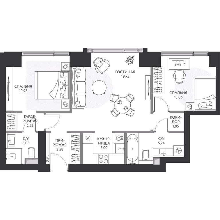 2-BD Apartment Sale, 62.9平方米 at Hide, 1st Setunsky Drive, вл6, Moscow, Russia #1