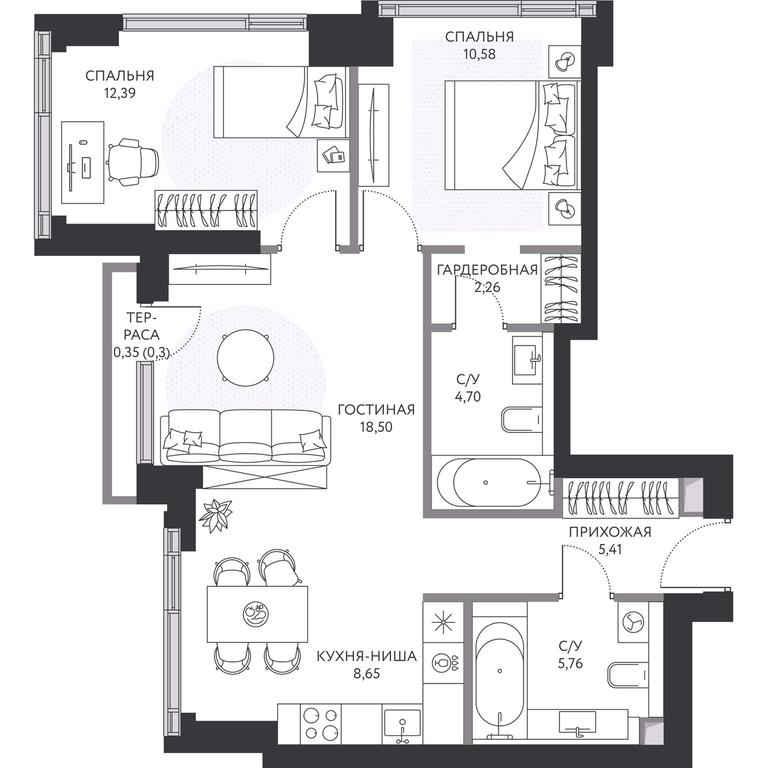 2-BD Apartment Sale, 69 sq. m. at Hide, 1st Setunsky Drive, вл6, Moscow, Russia #2 2-BD Apartment Sale, 69 sq. m. at Hide, 1st Setunsky Drive, вл6, Moscow, Russia #2