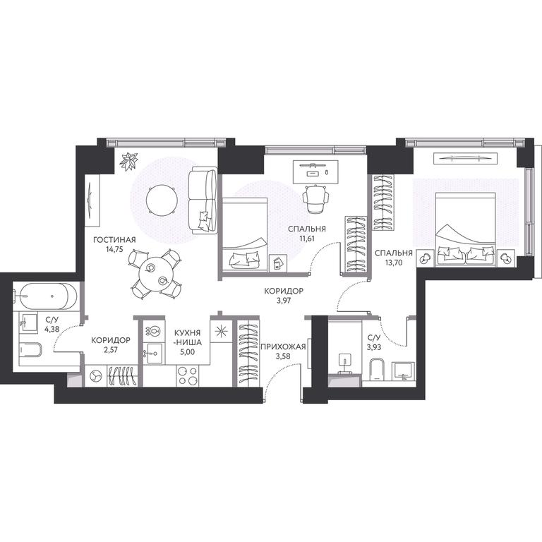 2-BD Apartment Sale, 64.2平方米 at Hide, 1st Setunsky Drive, вл6, Moscow, Russia #1 2-BD Apartment Sale, 64.2平方米 at Hide, 1st Setunsky Drive, вл6, Moscow, Russia #1