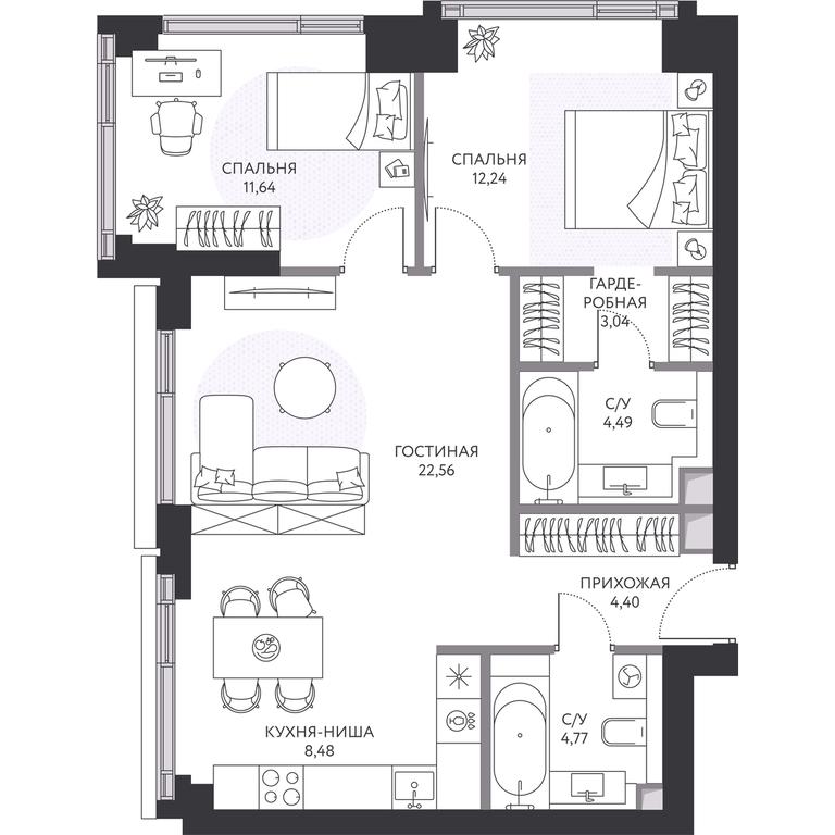 2-BD Apartment Sale, 72.5平方米 at Hide, 1st Setunsky Drive, вл6, Moscow, Russia #2