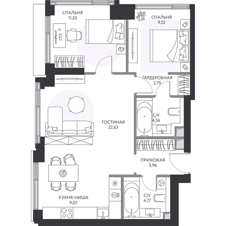 2-BD Apartment Sale, 69.1平方米 at Hide, 1st Setunsky Drive, вл6, Moscow, Russia #1