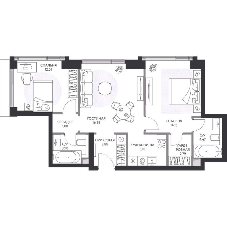 2-BD Apartment Sale, 65.8平方米 at Hide, 1st Setunsky Drive, вл6, Moscow, Russia #1
