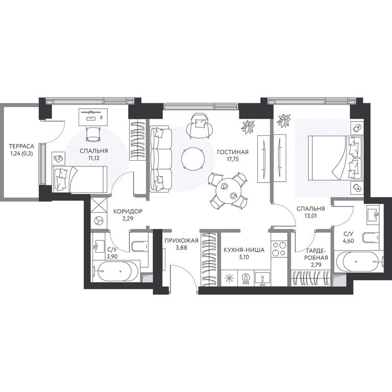 2-BD Apartment Sale, 66.1平方米 at Hide, 1st Setunsky Drive, вл6, Moscow, Russia #1