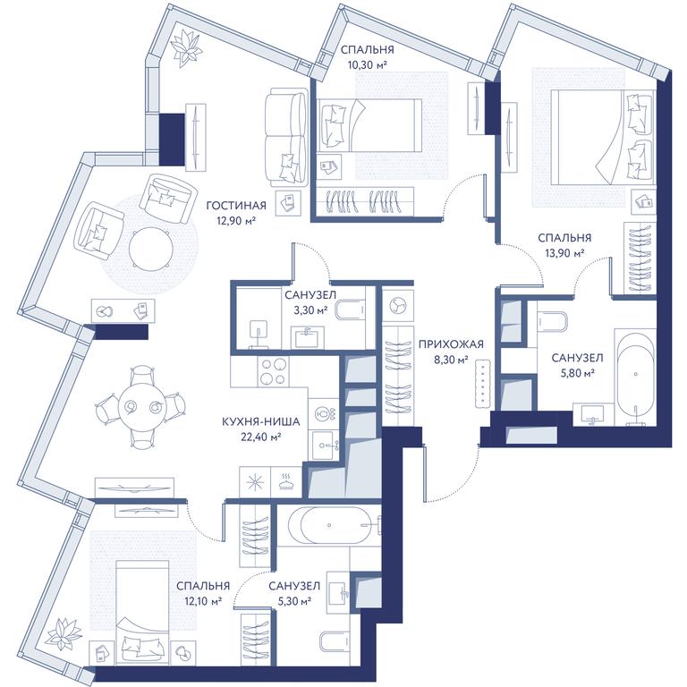3-BD Apartment Sale, 94.3平方米 at HideOut, 3rd Setunsky Drive, Moscow, Russia #1