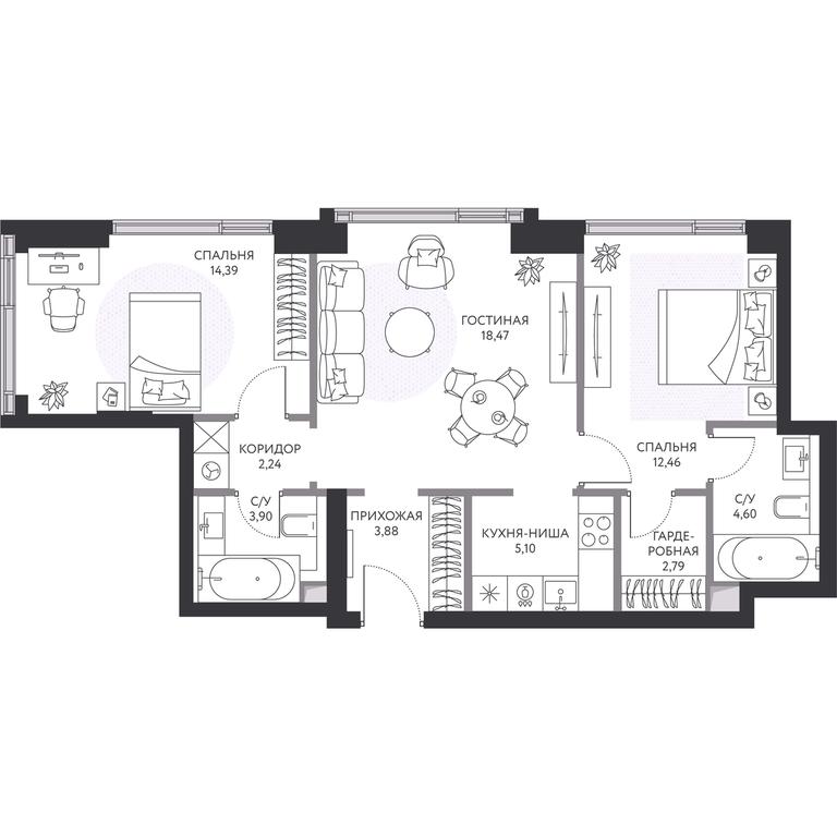 2-BD Apartment Sale, 68.6平方米 at Hide, 1st Setunsky Drive, вл6, Moscow, Russia #1