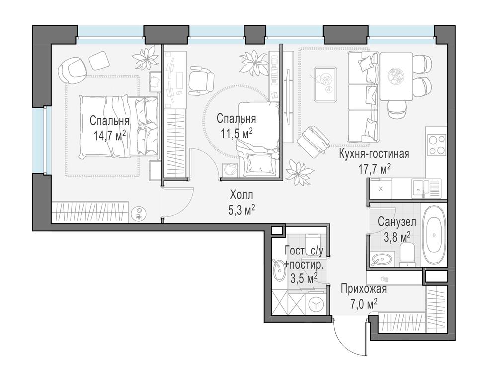 2-BD Apartment Sale, 63.6 sq. m. at Belyi Grad, Tsentralnaya Street, 1, Mytischi, Moscow Region, Russia #2