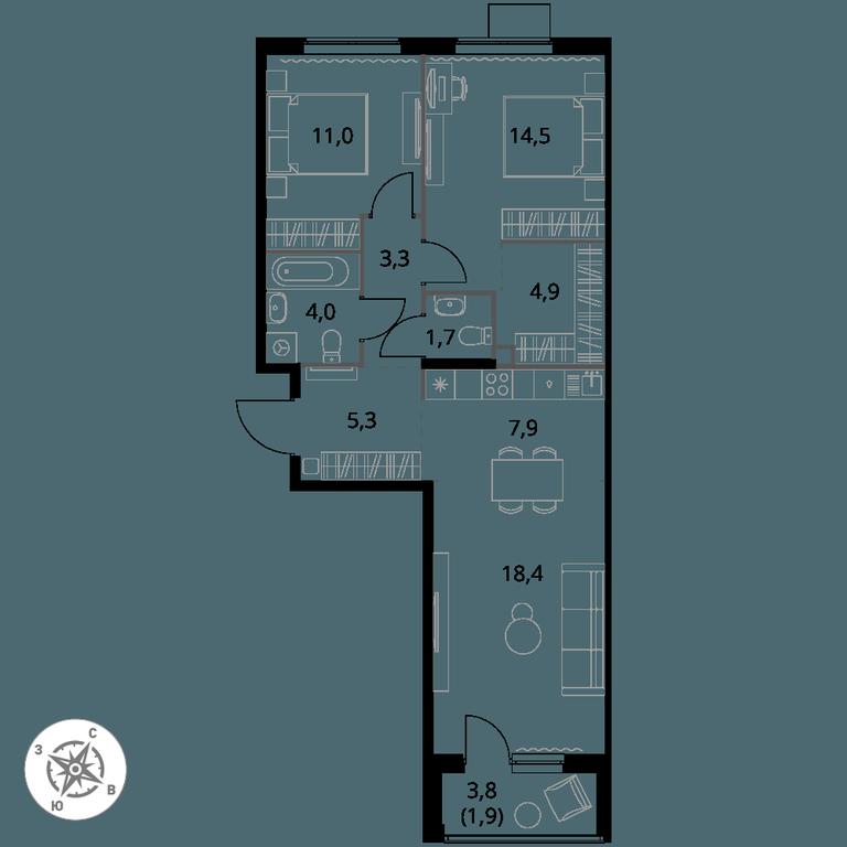 3-BD Apartment Sale, 72.9 sq. m. at 1 Izmajlovskij, Montazhnaya Street, 8с13, Moscow, Russia #1