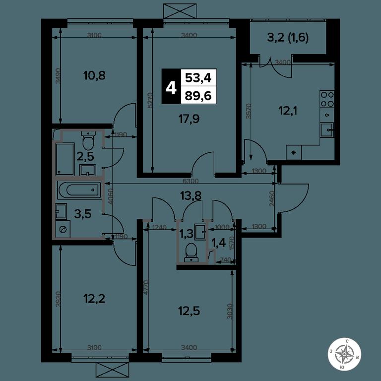 4-BD Apartment Sale, 89.7平方米 at Yzhnaya Bitsa, Yuzhnaya Bitsa Residential Complex, posyolok Bittsa, Leninskiy City District, Moscow Region, Russia #2