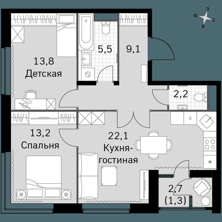 3-BD Apartment Sale, 67.2 sq. m. at Sky Garden, Stroitelny Drive, 9с6, Moscow, Russia #1