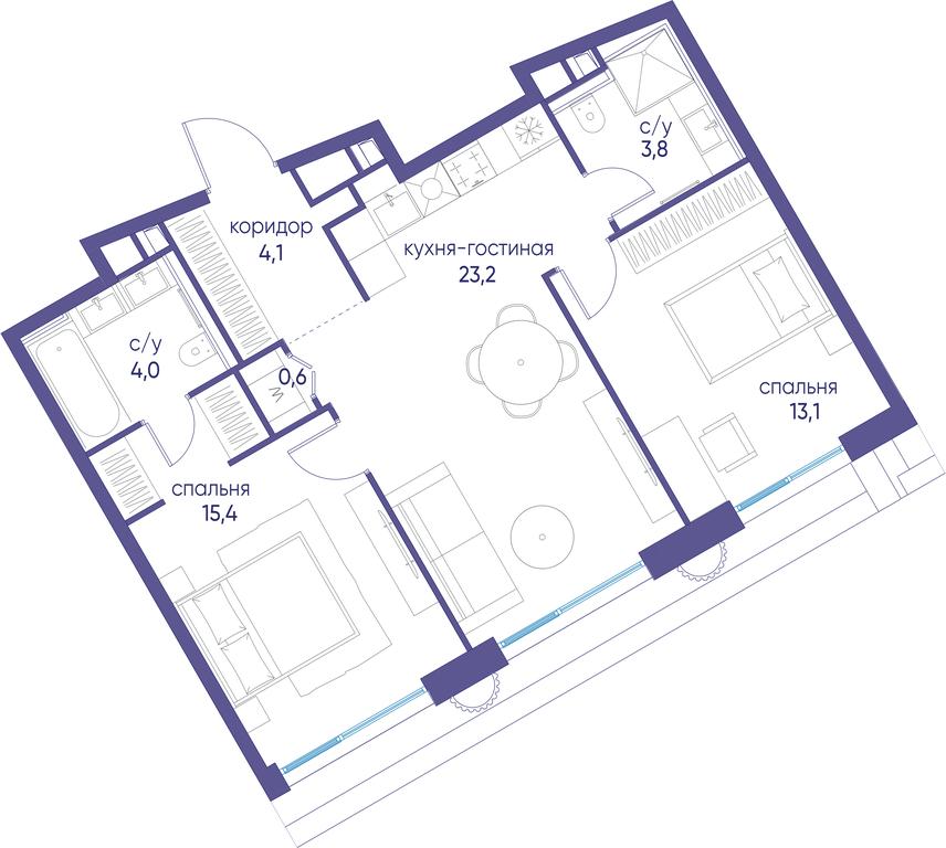 2-BD Apartment Sale, 64.2 sq. m. at Ostrov, Nizhnye Mnyovniki Street, 37Ас4, Moscow, Russia #1