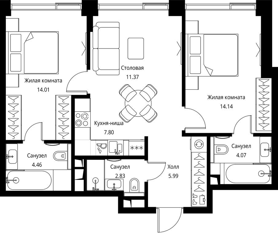 2-BD Apartment Sale, 64.67平方米 at City Bay, Volokolamskoye Highway, 95с3, Moscow, Russia #1