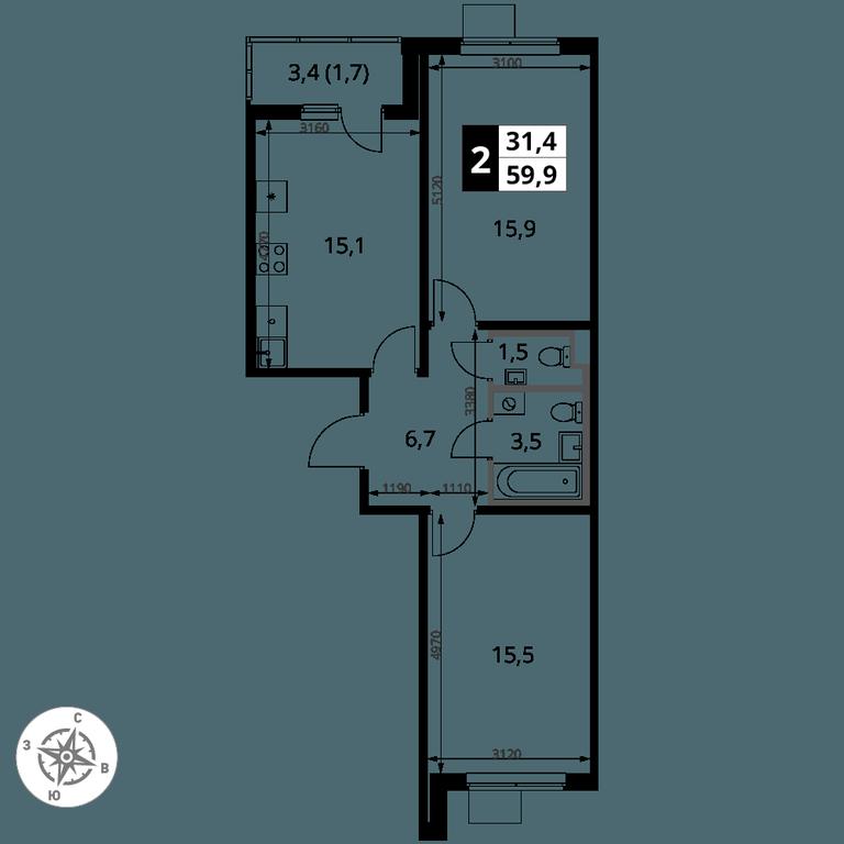 2-BD Apartment Sale, 59.9 sq. m. at 1 Yasenevskij, Kvartal № 24, Mosrentgen Settlement, Moscow, Russia #1