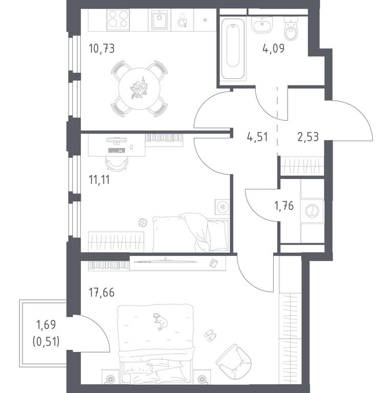 1-BD Apartment Sale, 52.9平方米 at Kosmicheskiy kvartal, M.K. Tikhonravova Street, Yubileyniy Microdistrict, Korolyov, Moscow Region, Russia #1
