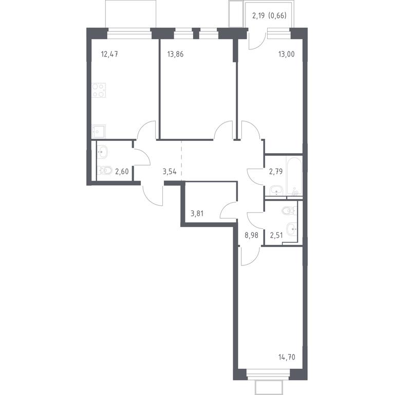 2-BD Apartment Sale, 78.92平方米 at Novoe Vidnoe, Kalinovka Village, Leninskiy City District, Moscow Region, Russia #1